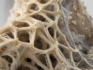 Close-up macro image of natural fibrous texture showing intricate organic pattern with holes and strands, ideal for backgrounds or textile design inspiration

