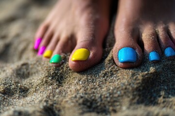 Aufkleber - Colorful Toenails on Sandy Beach With Vibrant Hues and a Close-Up View of Summer Relaxation Generative AI