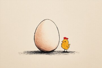 Poster - Whimsical Sketch of a Small Chicken Standing Near a Large Egg on a Light Pastel Background Generative AI