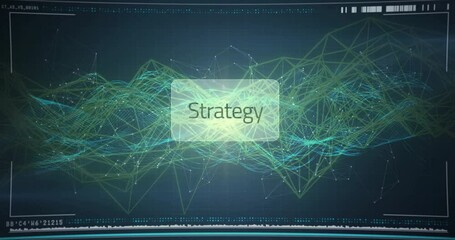 Poster - Strategy interface floating over dark grid, showing green network lines and waveform patterns