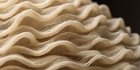 Soft flowing beige fabric strands forming elegant abstract folds with detailed mesh texture, close-up macro shot ideal for textile design, fashion, or background visuals

