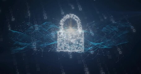 Poster - Digital padlock icon floating in cyber space, with glowing particles, binary digits, network lines