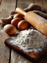 Aufkleber - Creating Baked Goods With Eggs, Flour, and a Rolling Pin on a Rustic Wooden Countertop During a Cozy Kitchen Moment Generative AI