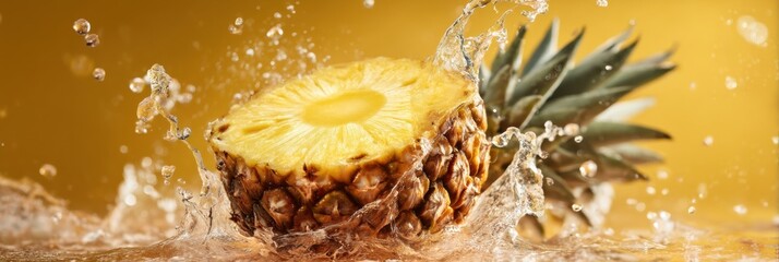 Poster - Sunbeam Illuminating a Juicy Pineapple Slice With Splashes of Water Against a Warm Golden Backdrop in a Bright Kitchen Setting Generative AI
