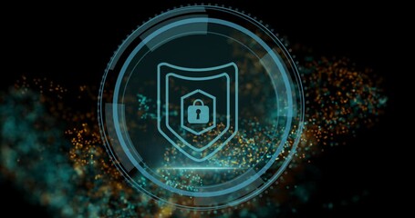 Poster - Glowing teal shield icon floating within concentric HUD circles, highlighting cybersecurity