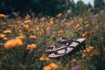 Poster - Sandals Lie Abandoned in a Field of Colorful Meadow Flowers Under Soft Sunlight Generative AI