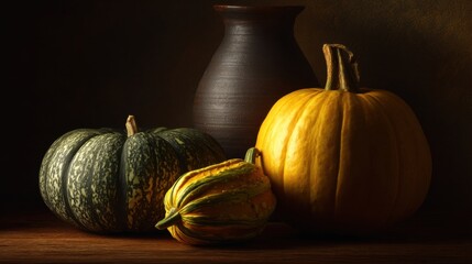Fototapete - Harvest Still Life Featuring a Variety of Pumpkins and Squash Illuminated by Warm, Soft Lighting Generative AI