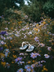 Aufkleber - Sandals Left Among Wild Meadow Flowers at Dusk Evoke a Sense of Abandonment and Peace in Natures Beauty Generative AI