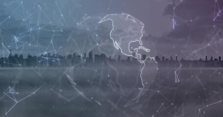 Poster - Translucent digital globe floating over misty bay with network lines linking skyline reflection