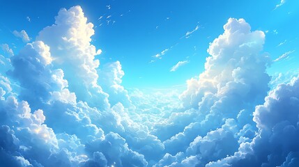 Wall Mural - fluffy cumulus clouds fill the bright blue sky with sunshine and airy texture