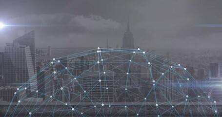Poster - Digital network mesh spreading over urban skyline, showing glowing blue lines and nodes