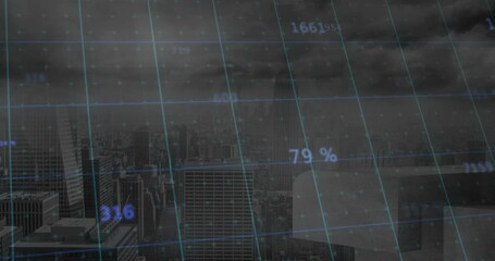 Poster - Skyscrapers showing translucent digital grid overlay, featuring floating numeric data labels