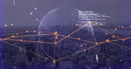Poster - Digital network overlay animating over purple dusk cityscape, glowing orange nodes connecting lines