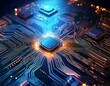 © PandaUniverse - microchip on a circuit board, macro shot with glowing lines-