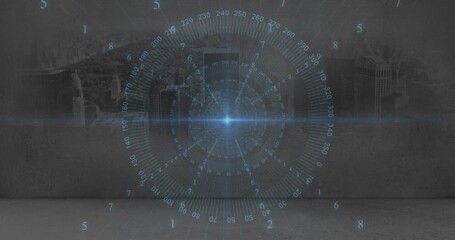 Poster - Futuristic circular HUD interface rotating in digital space, showing blue number rings and orb