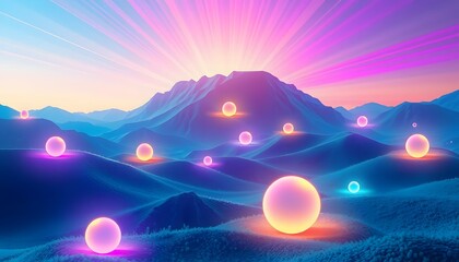 Aufkleber - Glowing Spheres, Abstract Digital World. Vibrant Light Rays Project Across The Virtual Terrain. Luminous Shapes Create An Evocative Backdrop. Great As A Website Wallpaper.