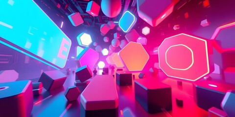 Fototapete - Abstract Shapes Flowing With Neon Light, A Dynamic Digital Space Visualization. Futuristic Design Elements Dancing With Glowing Colors. Visuals Of Abstract Technology In Motion. Bright Geometric