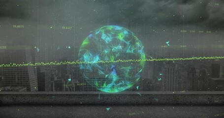 Poster - 3D holographic globe floating over rooftop, displaying green blue network facets and data waves