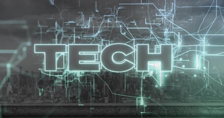 Poster - TECH letters glowing in neon glow, circuits streaming over futuristic city skyline illustration