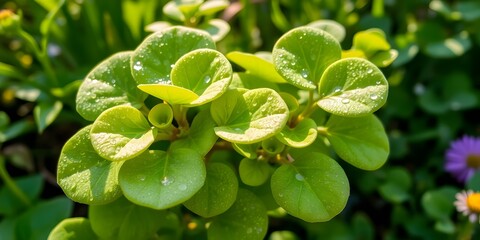 Poster - Dewy Green Plant Portrait, Round Leaves Shining. Lush Garden Scene, Soft Sunlight. Morning Freshness, Captivating Nature. Peaceful Moment, Plant Beauty.