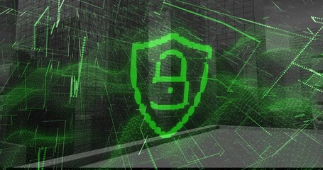 Poster - Pixelated green shield floating in 3D digital cityscape, showing padlock icon and streaming data