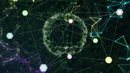 Poster - Abstract network visualizing green fractal circle, linking colored nodes over luminescent lines
