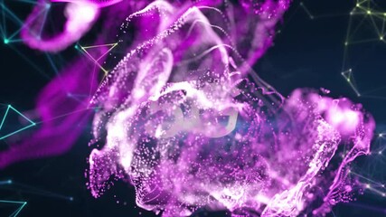 Poster - Abstract digital particle cloud swirling in 3D space, glowing nodes connecting via neon lines