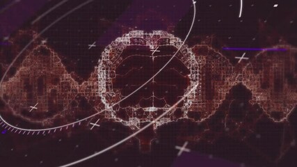 Poster - Visualizing skull-shaped grid floating inside digital HUD, displaying lateral DNA waveform modules