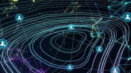 Poster - Showing glowing contour lines forming map shape on dark grid, featuring user-plus icons and nodes