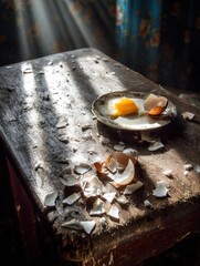 Poster - Sunlight Filtering Through Vintage Window Onto Rustic Table With Broken Eggshell and Yolk Remnants Generative AI