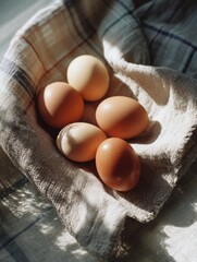 Poster - Natural Light Highlighting Fresh Eggs Nestled in a Linen Towel on a Rustic Table at a Country Home in Early Morning Generative AI
