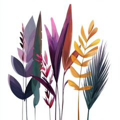 Poster - Vibrant and Colorful Abstract Plant Design with Leaves and Stems in Various Shapes and Sizes on White Background for Modern Decoration and Artwork