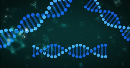 Poster - Animated illustration showing stylized DNA helix segments gliding across dark green backdrop