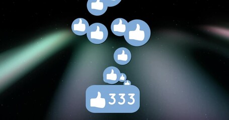 Poster - Floating blue thumbs-up icons rising over space-like background with central counter showing 333