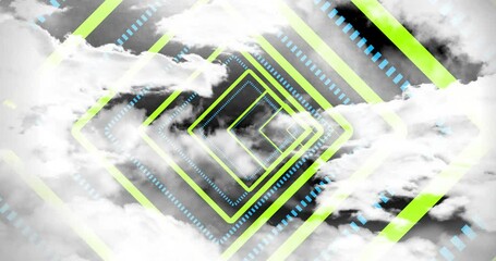 Poster - Nested neon green frames forming receding diamond tunnel with bright blue dashed outlines