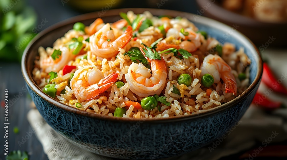 Shrimp Fried Rice in a Blue Bowl