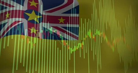 Poster - Niue flag showing overlaying candlestick charts and line graph with volume bars in flat design