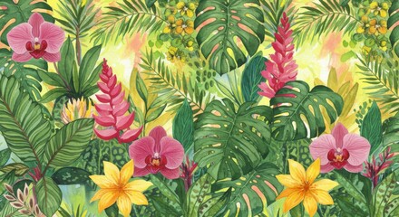  Vibrant Watercolor Tropical Flowers and Lush Greenery