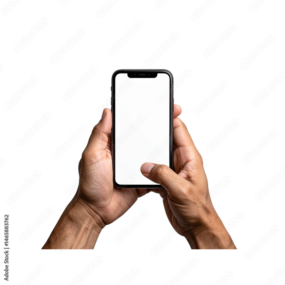 Hands holding smartphone with blank white screen mockup for app ...