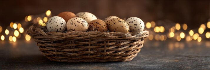 Poster - Wicker Basket Filled With Speckled Eggs Illuminated by Warm Light Creating a Cozy Atmosphere in a Rustic Setting Generative AI