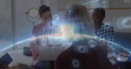 Poster - Business team collaborating in modern lounge, displaying holographic globe and digital interfaces