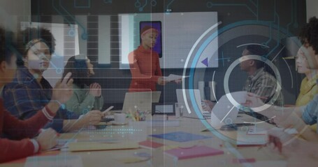 Poster - Team members sharing documents around office table during business meeting, with UI overlay