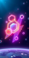 Poster - Futuristic Elements Float, Glow Brightly In Deep Space, Sharp Shapes Illuminate. A Modern Design Of Floating Objects. Abstract Technology, Conceptual Artwork, Innovation Visual.