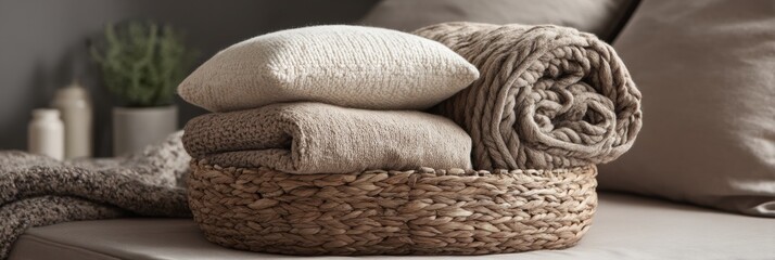 Poster - Cozy Arrangement of Folded Blanket and Pillows in Woven Basket on Soft Couch in a Relaxed Living Space Generative AI