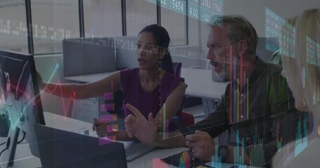 Poster - Three professionals analyzing financial charts in modern office, with animated graph overlays