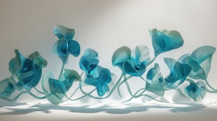 Poster - Elegant Blue Translucent Flowers with Curved Petals, Soft Light Background, Artistic Floral Decoration for Home or Office, Modern Abstract Aesthetic