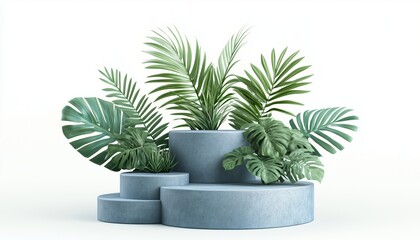 Poster - Abstract Pedestal Podium Display Featuring Tropical Leaves And Blue Pastel Plant Scene: Ideal For Product Promotion And Advertising. Bold Blue Natural Design.
