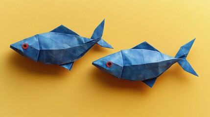 Poster - A minimalist composition of two indigo origami fish perfectly aligned horizontally on a flat mustard-yellow background, casting soft shadows