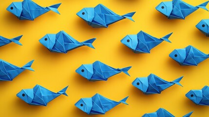 Poster - A pattern of twelve sapphire blue origami fish swimming in perfect rows and columns across a bright school-bus yellow background