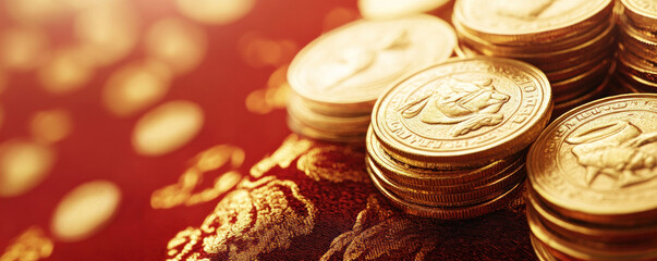 Poster - A pile of gold coins on a red background. The coins are shiny and appear to be valuable